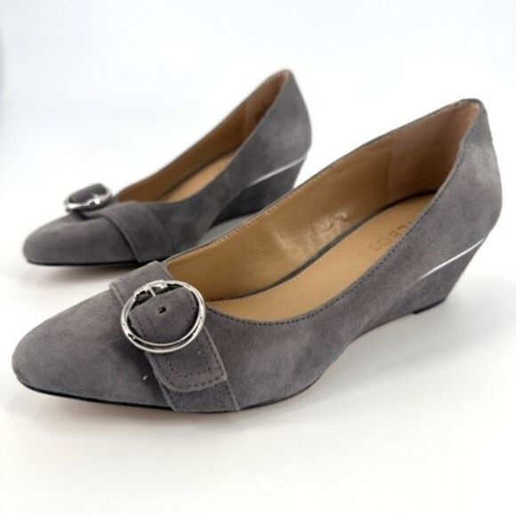 Talbots Women's Laney Kendall Suede Almond Toe Buckle Wedge Heels Gray Size 6 - Picture 1 of 11